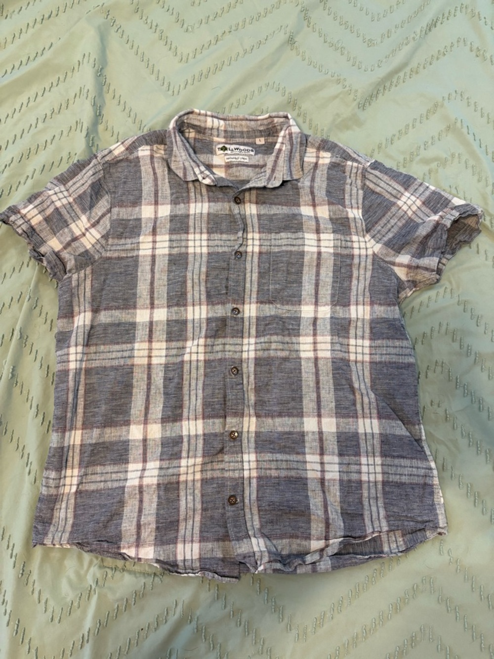 Blue Plaid linen Short-Sleeve Button-Up Shirt -women’s